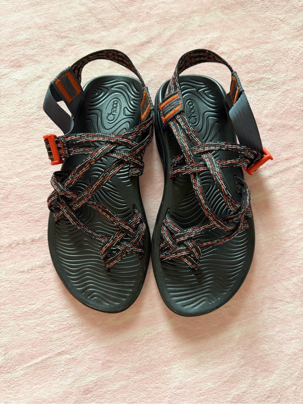 Chaco Black Sandals with Orange/Red- Accent Straps